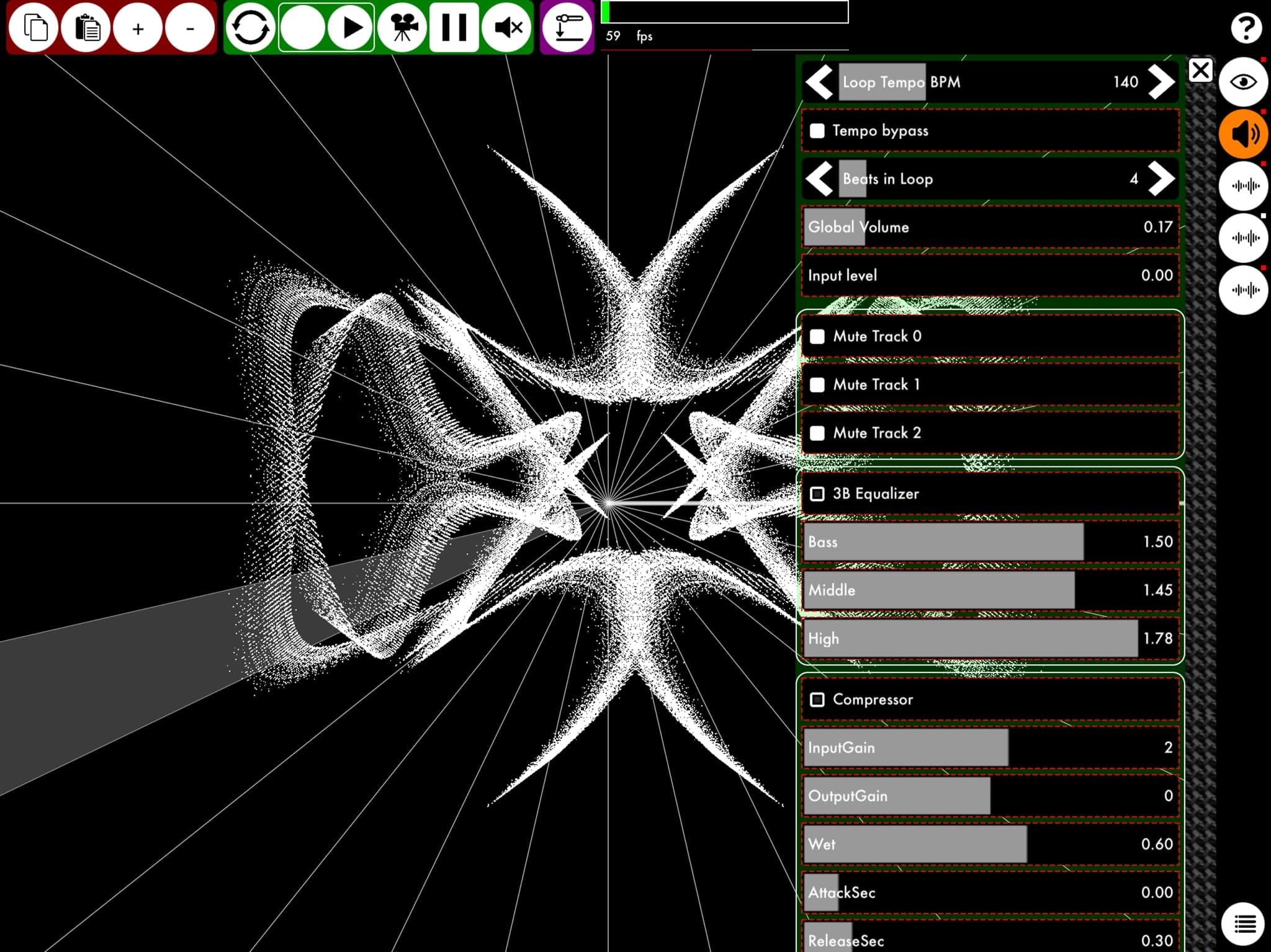 K Machine loop and audio controls beside a vertex shader on iPad