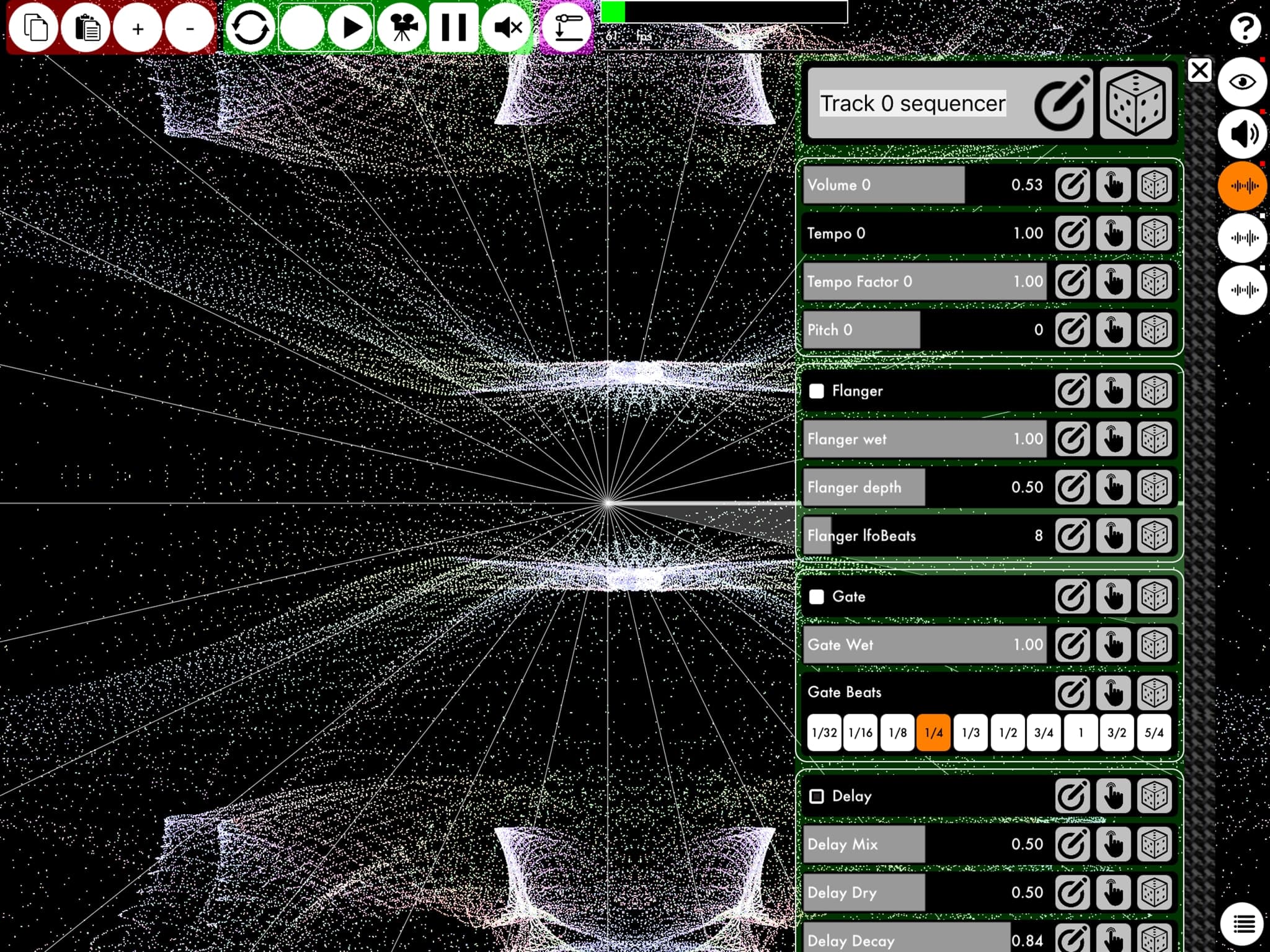 K Machine track sequencer with flanger, gate and delay controls on iPad
