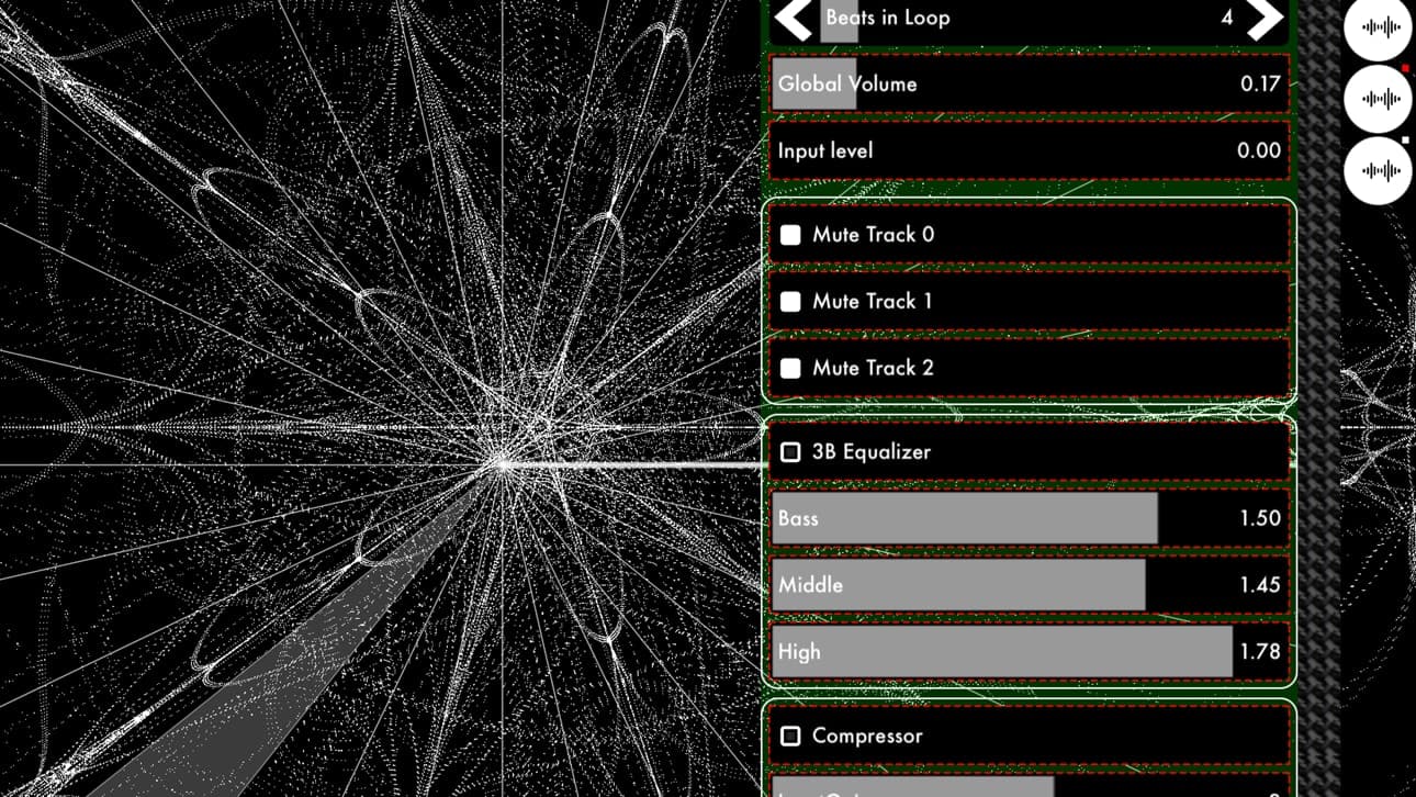 K Machine audio controls over a generative vertex-shader animation on iPhone