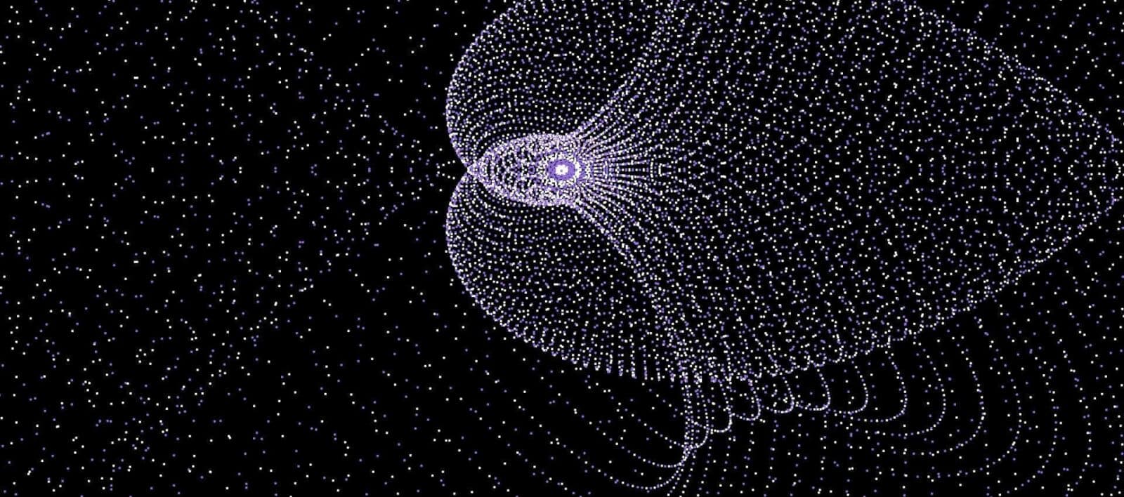 Abstract violet particle structure expanding across a black background